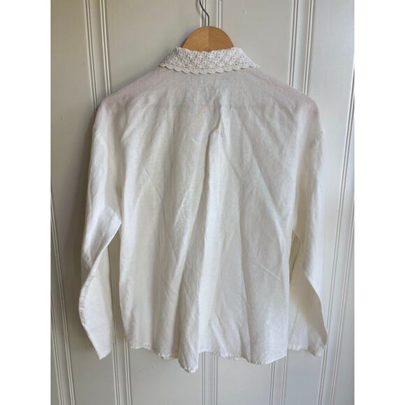 Vintage I.V.Y Button Up Linen Cotton Crochet Collared Long Sleeve Shirt Medium - Picture 2 of 6